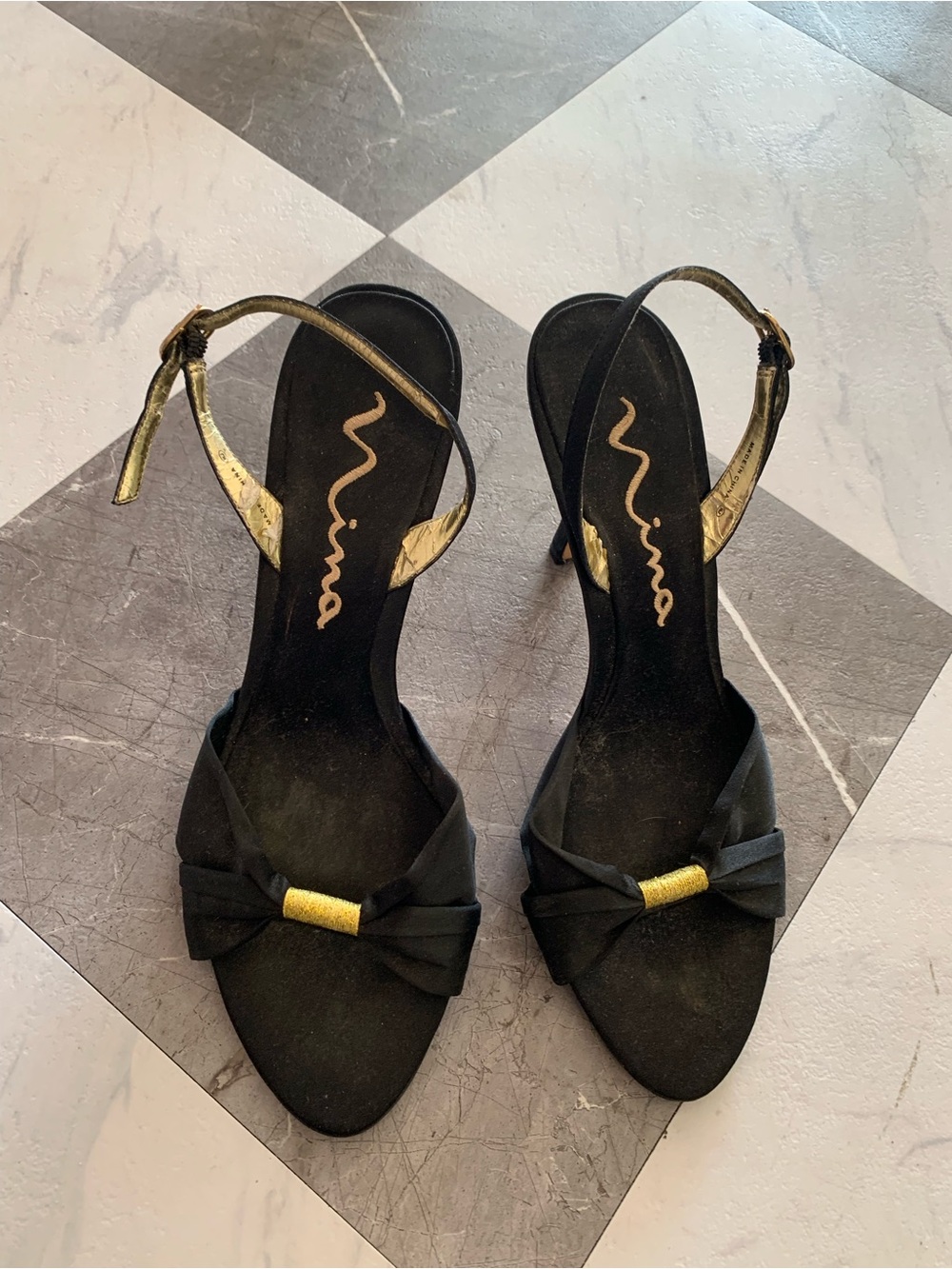 Nina Black Satin Slingback Heels with Gold Accents